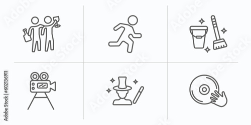 activity and hobbies outline icons set. thin line icons such as hang out, jogging, cleaning, film making, magician, disc jockey vector.