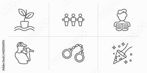 activity and hobbies outline icons set. thin line icons such as hydroponics, foosball, boy reading, beatboxing, arrest, party vector.