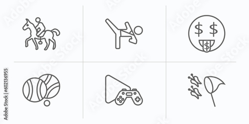 activity and hobbies outline icons set. thin line icons such as horse riding, martial art, greedy, petanque, game playing, butterfly catcher vector.