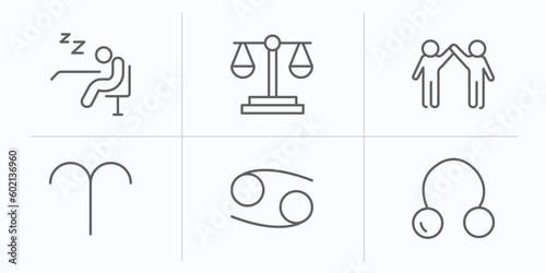 zodiac outline icons set. thin line icons such as lethargy, justice, friendship, aries, cancer, coagulation vector.
