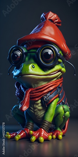 frog wearing glasses and Chuck Taylor sneakers, pirate hat and red turban, 3d cartoon character.