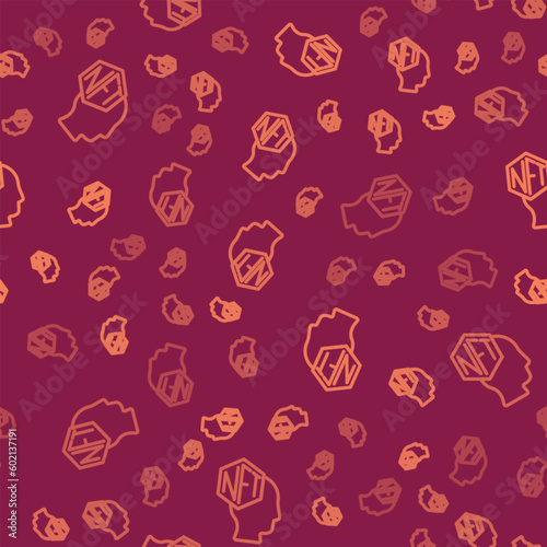 Brown line NFT Digital crypto art icon isolated seamless pattern on red background. Non fungible token. Vector