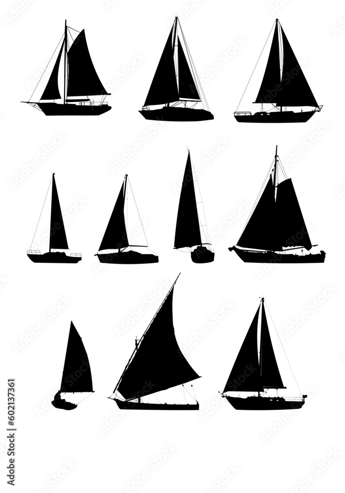 set of silhouette of a sailboat, silhouette of a yacht	