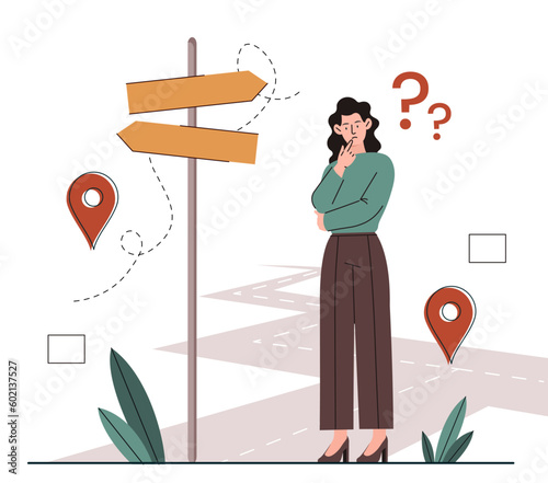 Woman on way. Young girl stands on road near signboard. Metaphor for making decision and choosing life path. Navigation and direction at crossroad. Cartoon flat vector illustration