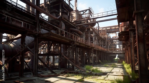 Abandoned rusty steel plant, old warehouse, outdated mashinery, generative AI industrial landscape