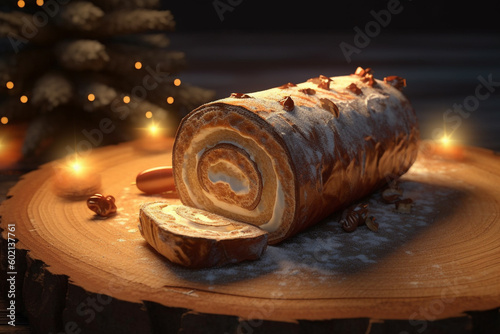 Generative Ai. New Year's biscuit roll "Log". Christmas dessert