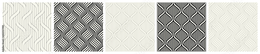 Vector seamless patterns set. Stylish linear ornaments. Geometric striped backgrounds with arches. Art deco thin monochrome swatches. Tileable prints with linear thin and bold weaves.