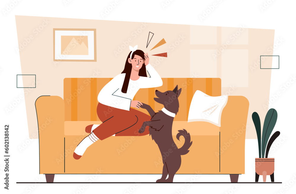 Woman with dog at home. Hostess with pet plays in apartment. Comfort and cosiness in house. Character chilling with domestic animal inside. Cartoon flat vector illustration - obrazy, fototapety, plakaty 