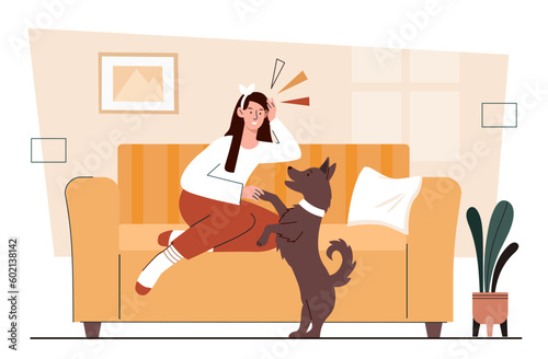 Woman with dog at home. Hostess with pet plays in apartment. Comfort and cosiness in house. Character chilling with domestic animal inside. Cartoon flat vector illustration