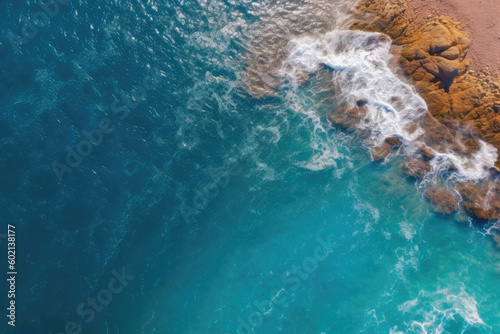 Drone photography. We see how the sea collides with the stones and sand of a beach. Generated by AI