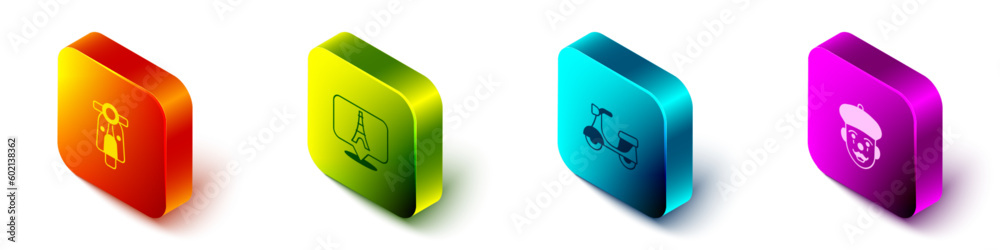 Set Isometric Scooter, Eiffel tower, and French mime icon. Vector