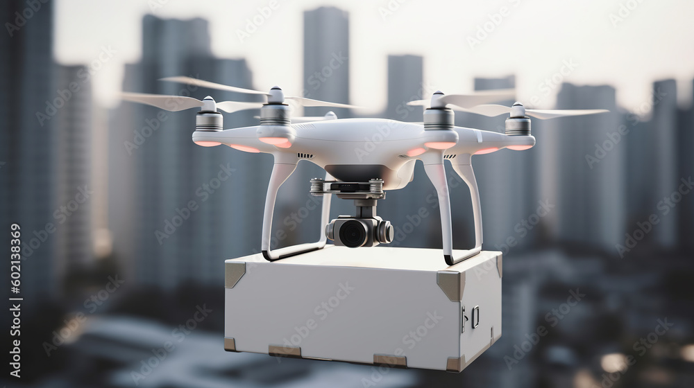 Drone delivering package into the city. Business air transportation. Delivery of goods from an online store using flying automatic drone. 3D realistic illustration. Generative AI