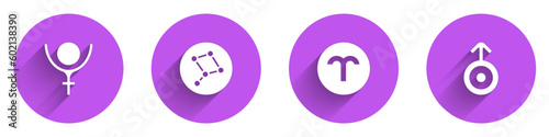 Set Symbol Pluto, Great Bear constellation, Aries zodiac and Uranus icon with long shadow. Vector