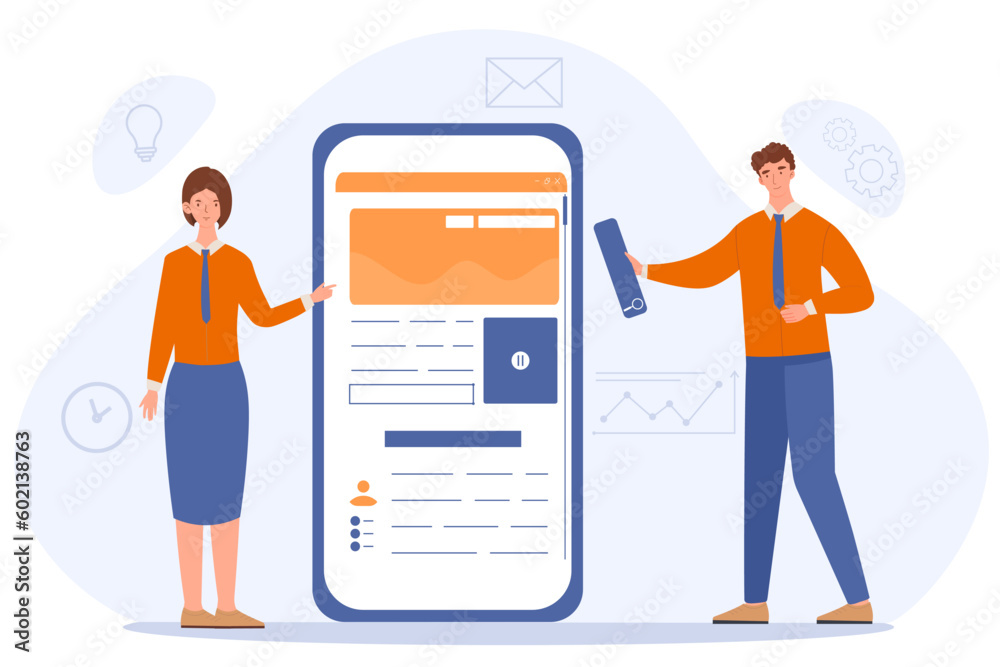 Mobile design concept. Man and woman will design interface for smartphone. UI and UX design for programs and applications. Designers and freelancers. Cartoon flat vector illustration