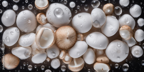 Horizontal Wallpaper white perfect round flying mushrooms with drops of clear water on dark background. Top view of a beautiful mushroom composition. Generative AI professional photo imitation.