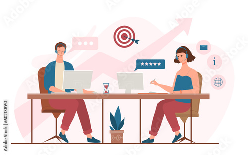 Online help concept. Man and woman sitting at computers against backdrop of ascending arrows. Consultant and assistant. Feedback and answers to questions, hot line. Cartoon flat vector illustration