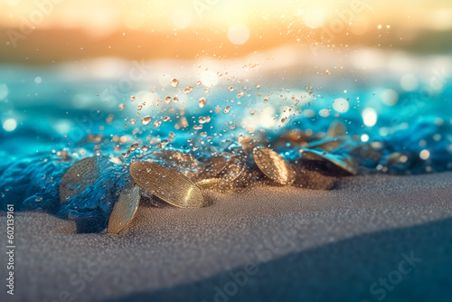 Sand and waves on an ocean beach, in the style of bokeh, light brown and azure, glitter and diamond dust. Generative Ai.