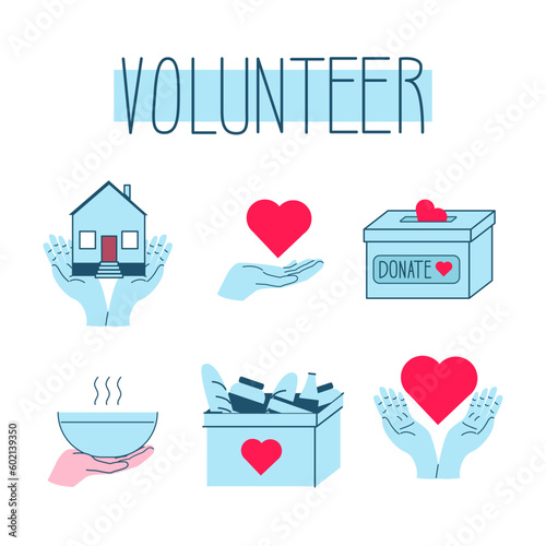 Set Donation and charity, Volunteer, food, water, and Humanitarian truck illustration. Vector