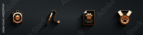 Set Turtle, Pet cat toy, Medical clinical record pet and award symbol icon with long shadow. Vector