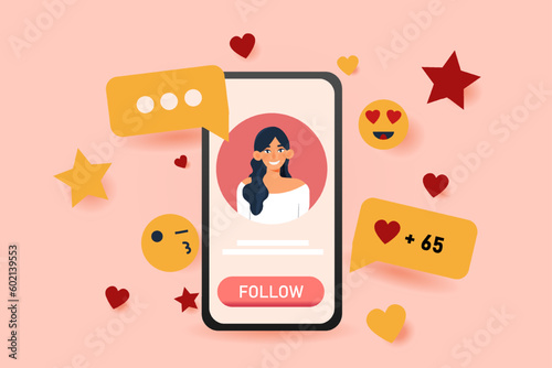 Social media concept. Smartphone with woman profile in social networks. Young girl with reactions. Popular blogger and famous personality creates interesting content. Cartoon flat vector illustration