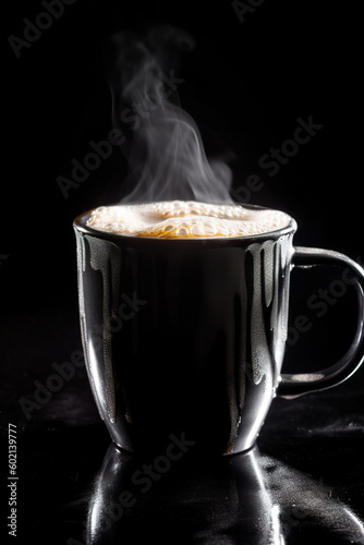 A steaming cup of hand brewed coffeein double exposure photo.  Still life hot water assortment. Still life hot water composition. 3D realistic illustration. Generative AI