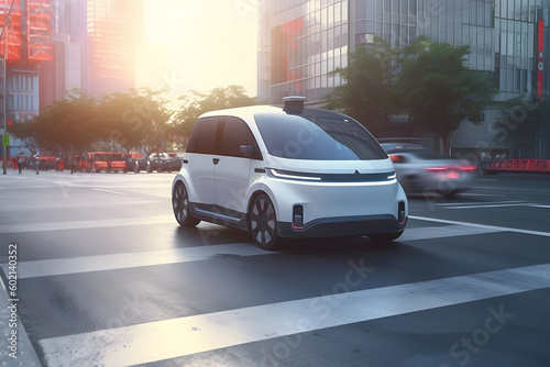 Autonomous self driving car on the road, Generative AI © Kenishirotie