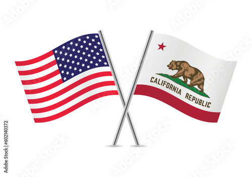 America and the state of California crossed flags. American and California flags on the white background. Vector icon set. Vector illustration. 