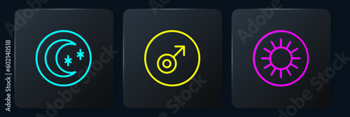 Set line Moon and stars, Sun and Mars symbol. Black square button. Vector