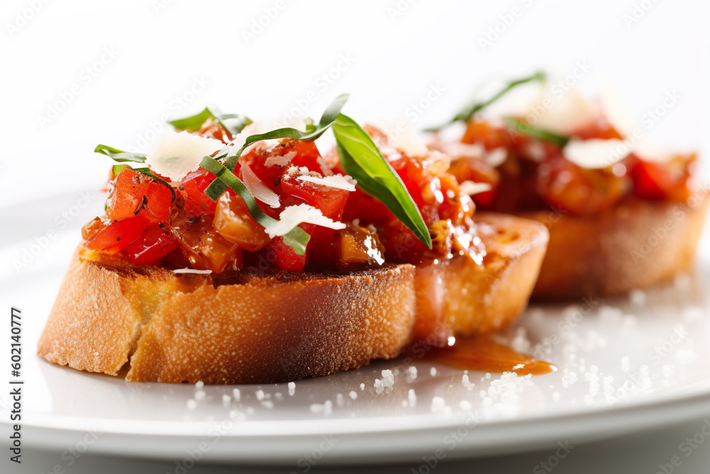 Bruschetta - toasted bread with tomato and basil toppings. Generative AI.