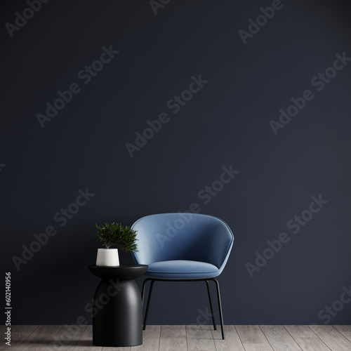 Living room in dark blue navy with a light blue accent chair in the center. Black table and decor plant. Mockup scene for art or decor or wallpaper. Frontal render blank. 3d rendering