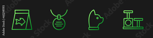 Set line Cat, Food for fish, Collar with name tag and scratching post toy. Gradient color icons. Vector