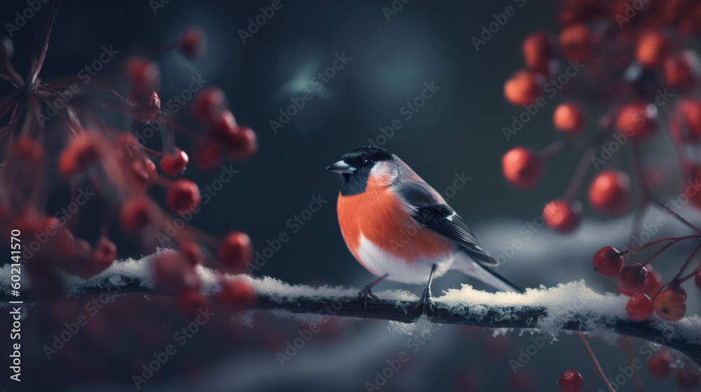 Fototapeta premium Cute bullfinch bird sits on a bunch of red rowan berries, Christmas greeting card, AI generative illustration on dark background