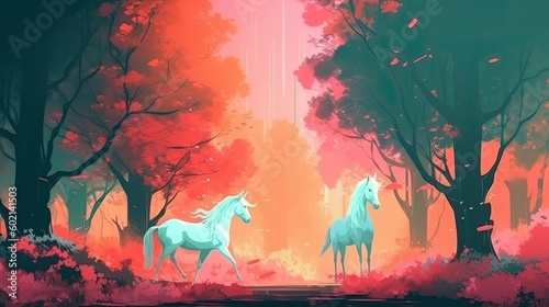 Magical forest with white horses. Fantasy concept , Illustration painting. Generative AI