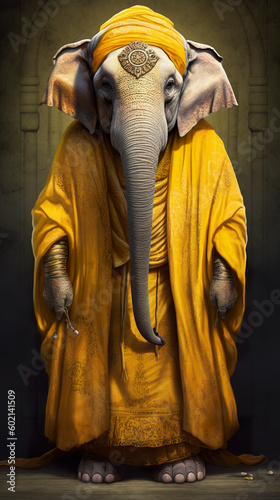 An elephant dressed in a yellow robe and shoes. Generative AI.
