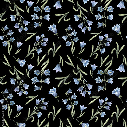 Watercolor Seamless Bluebell Flower Pattern on black. Hand drawn floral background with Blue Bellflowers for textile design or wrapping paper. Delicate botanical Wallpaper in blue and green colors.