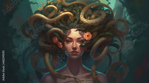 Medusa with snakes for hair. Fantasy concept , Illustration painting. 