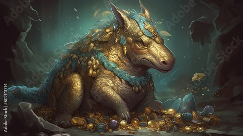 Mythical creature with a treasure hoard. Fantasy concept , Illustration painting. Generative AI © X-Poser
