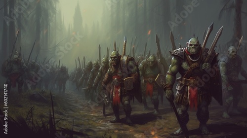 Orc horde marching to war. Fantasy concept , Illustration painting. Generative AI