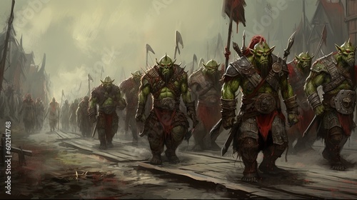 Orc horde marching to war. Fantasy concept , Illustration painting. Generative AI