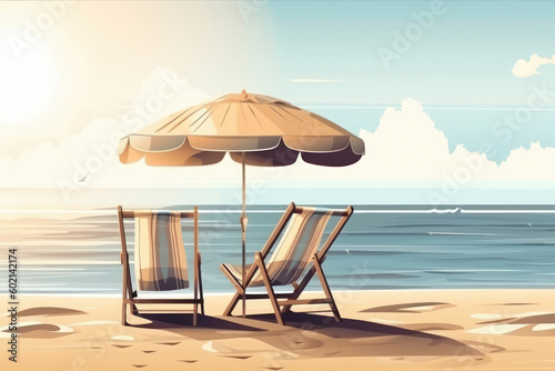 Coastal paradise with beach chairs and umbrella on a sandy beach, inviting vacationers to lounge in the sun and enjoy the view, AI Generative. © sorapop
