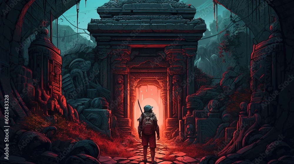 Portrait of a fearless adventurer exploring an ancient temple. Fantasy concept , Illustration painting. Generative AI