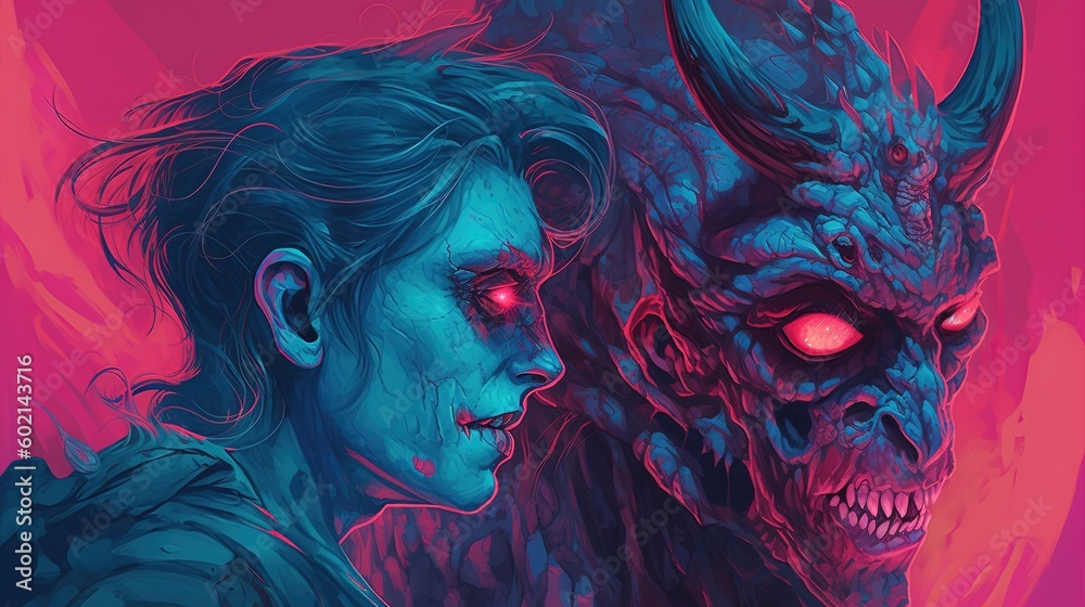 Portrait of a nightmarish demon possessing a human host. Fantasy concept , Illustration painting. Generative AI Portrait of a nightmarish demon possessing a human host. Fantasy concept , Illustration painting. Generative AI