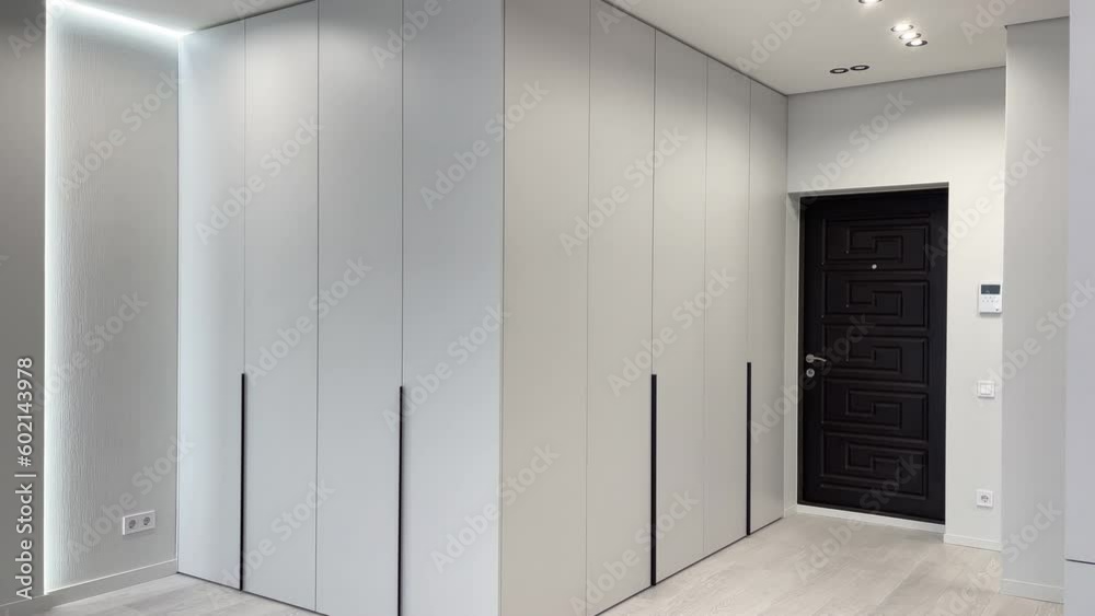 Bright hall with an entrance door in an apartment with a modern interior Bright hall with an entrance door in an apartment with a modern interior