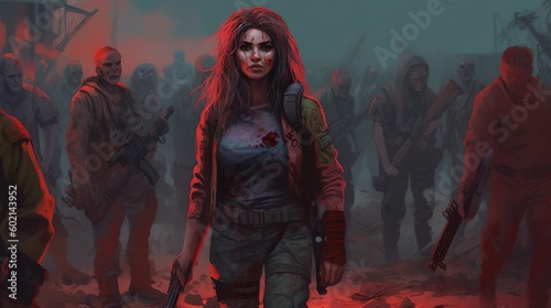 Portrait of a post-apocalyptic survivor leading a group of survivors. Fantasy concept , Illustration painting. Generative AI
