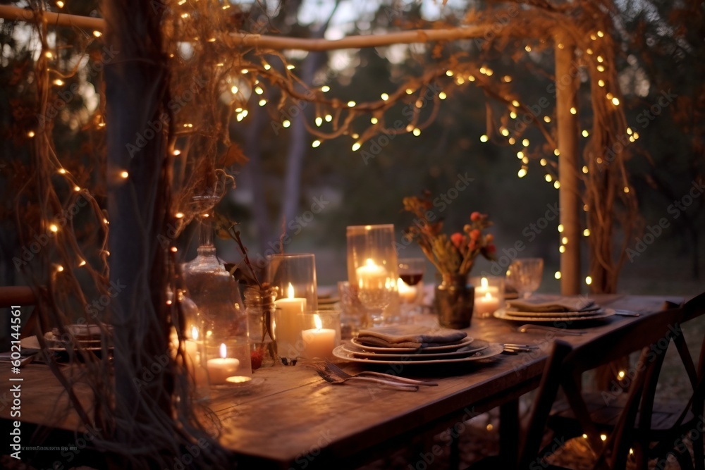 Festive outdoor autumn table setting, generative ai