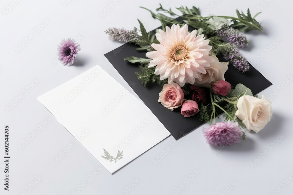 Minimal composition with black envelope, white empty card and chrysanthemum flower on white background. Mockup with envelope and blank card. View from above. Generative AI