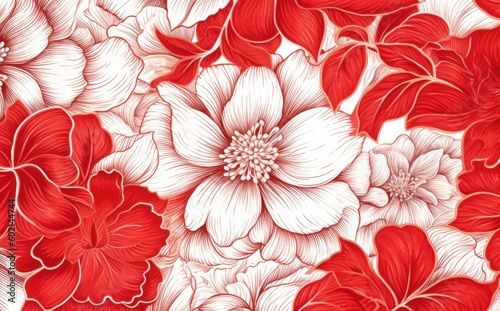 Seamless pattern with red and white hibiscus flowers. Created with Generative AI tools