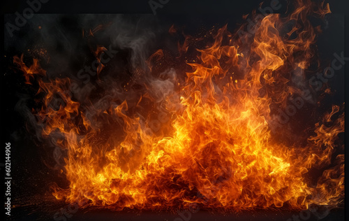 Fire burning in a black background, flames wallpaper. Generative Ai.