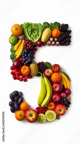 A number 5 symbol made up of various fruits and vegetables on a white background. A.I. generated.