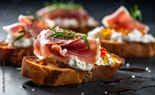 Crostini - toasted bread with cheese and prosciutto. Generative AI. photo